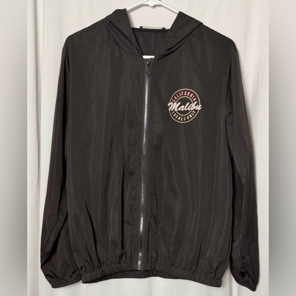 Brandy Melville Black Hooded Windbreaker Jacket with Malibu Logo One Size